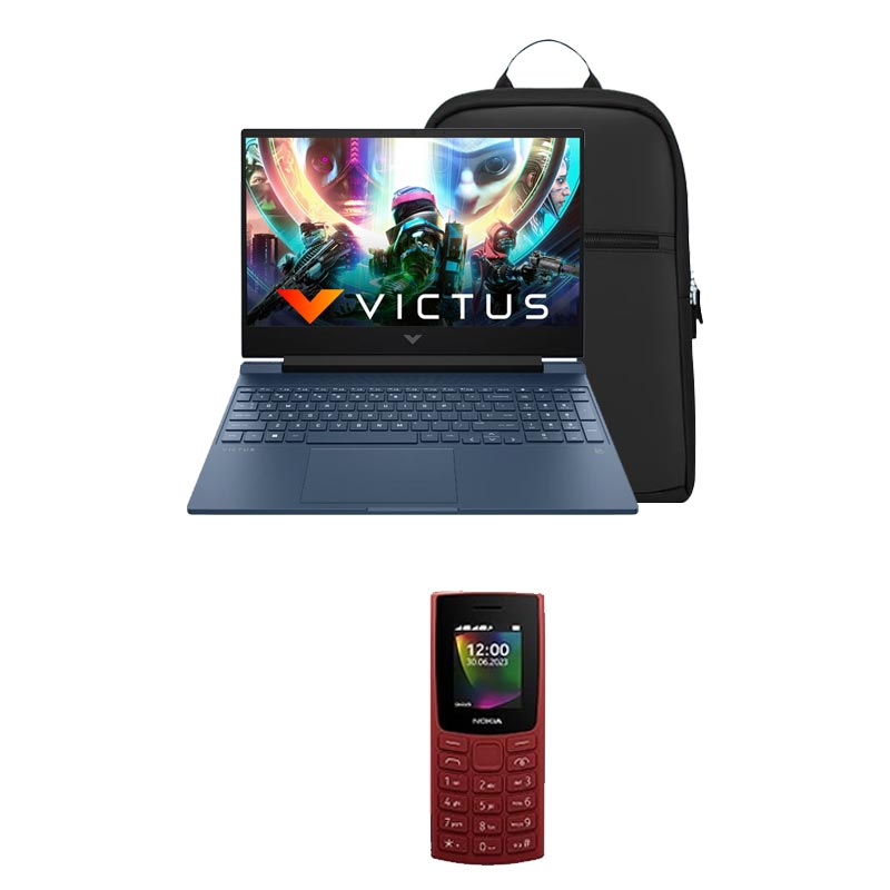 Picture of HP Victus - AMD Ryzen 5 Hexa Core 5600H 15.6" 15-fb0106AX Gaming Laptop (16GB/ 512GB SSD/ Windows 11 Home/ 4 GB Graphics/ NVIDIA GeForce RTX 3050/ MS Office/ 1Year Warranty/ Blue/ 2.37 kg) + Nokia 106 Dual Sim Keypad Phone + Laptop Bag